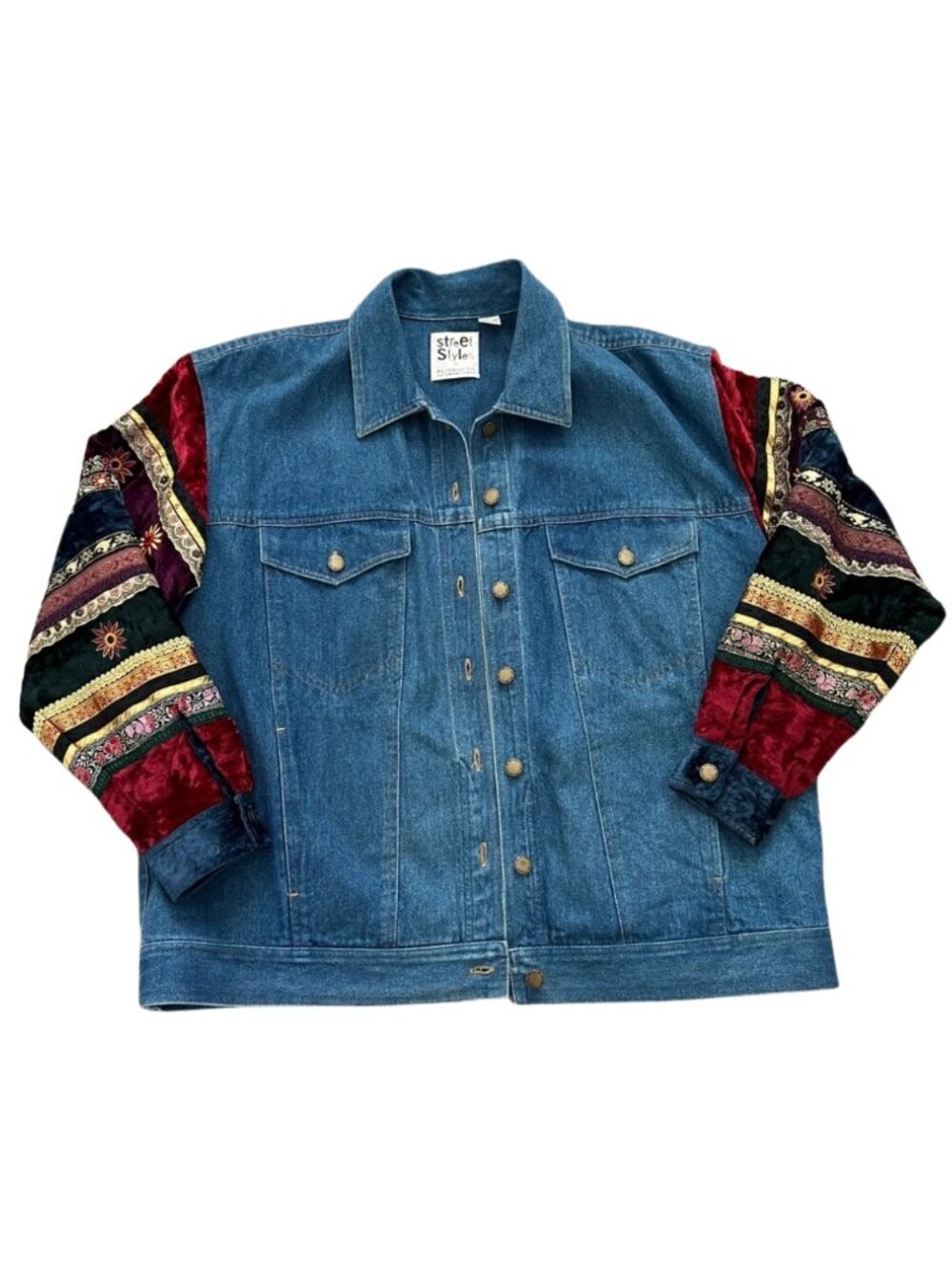 VTG Street Styles Elisabeth 80s Denim Jacket Multicolor Patchwork Sleeves Size 1